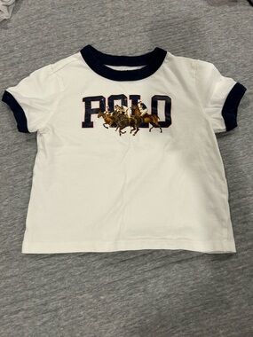 LIKE NEW! Polo by Ralph Lauren White Tee with Navy Trim and Polo Graphic